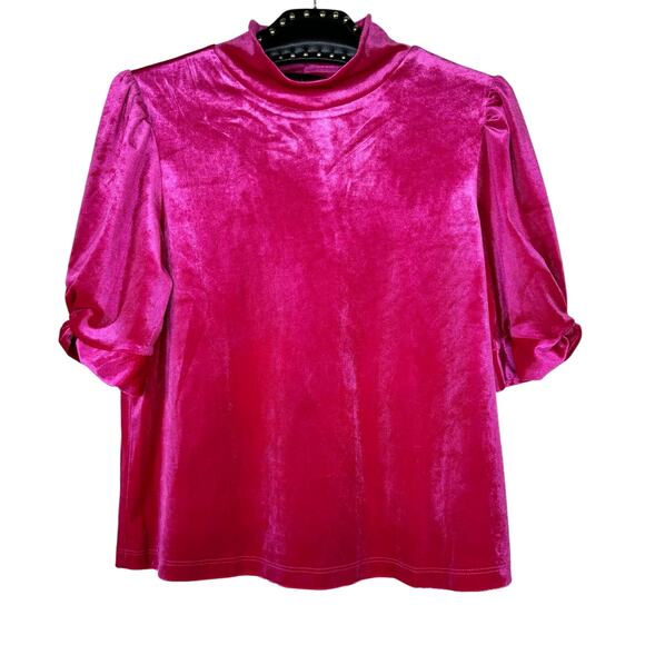 Sanctuary Velvet Puff Sleeve Mock Neck Top Pink Medium Barbiecore Preppy - Picture 2 of 10